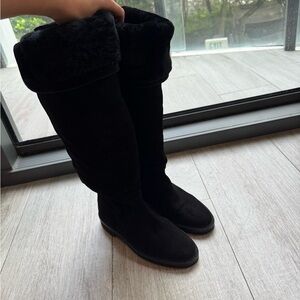 Jimmy Choo Black Winter Shearling Fur Suede Boots Over the Knee High size 37